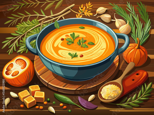 vector of Warm pumpkin cream soup with thyme in a rustic bowl decorated on a rustic table.