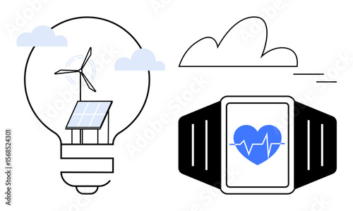 Light bulb housing wind turbine, solar panel, smartwatch with heart icon clean energy, innovation, sustainability, technology, health monitoring, eco-conscious living, simple flat metaphor