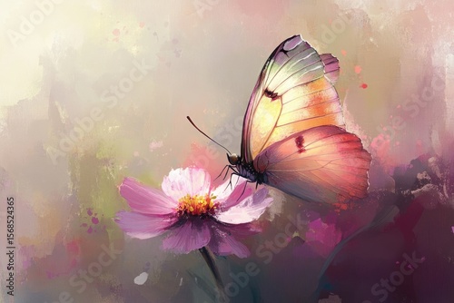 A colorful butterfly gracefully lands on a delicate pink flower, set against a soft, painterly background.
