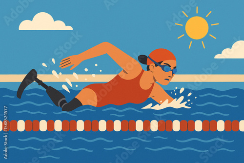 Focused Woman with Prosthetic Leg Swimming in Pool Lane Vector