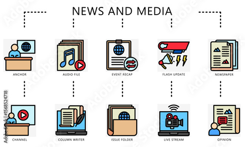 News and media outline color icons. Contain anchor, event, flash update, news paper, channel, writer, social issue, live stream and more. Vector for UI, UX kit, web and app journalism, broadcasting.
