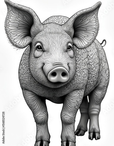 Wallpaper Mural Ornate black and white illustration features stylized pig with intricate line art. This detailed animal mandala design is perfect for adult coloring books and features charming face with large ears. Torontodigital.ca