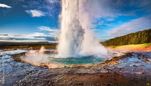 spectacle of a geyser in iceland as it unleashes a breathtaking torrent of water revealing beauty of geothermal landscapes and raw might of our planet forces