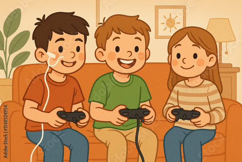 Happy Boy with Feeding Tube Playing Video Games with Siblings at Home Vector