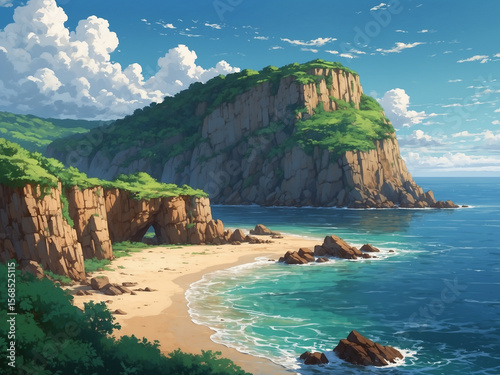 A quiet cliffside overlooking the ocean under cloudy anime skies with gentle light filtering through and soft waves below, the rock surface and ocean texture are drawn in crisp HD