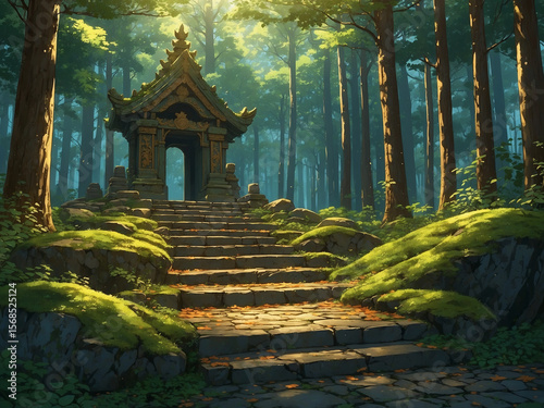 An empty forest shrine overgrown with moss under dim golden anime light with particles floating in the air creating a sacred and tranquil ambiance, every element from stone steps to