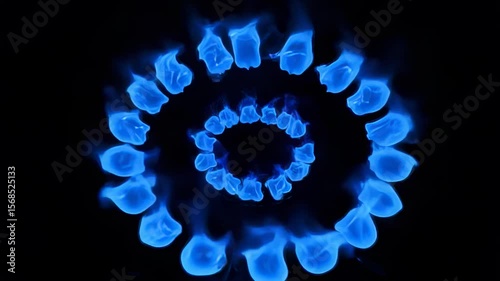 Abstract blue flames swirling in a circular pattern on transparent background