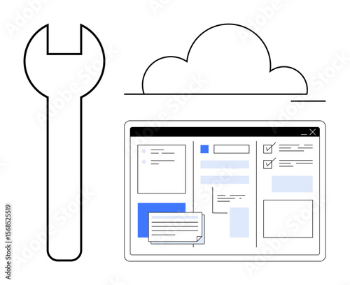 Wrench near cloud icon above a web interface featuring layout elements and checklists. Ideal for cloud computing, app development, SaaS, digital tools, task management, technology workflows, simple