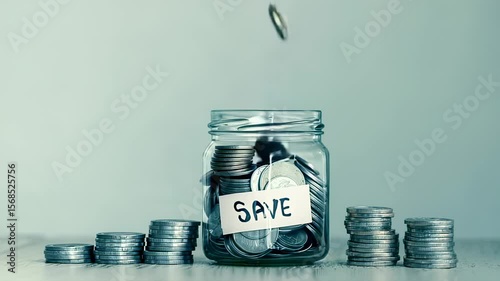 Saving money concept Coins falling into a glass jar labeled SAVE with stacks of coins, financial planning and investment, studio shot