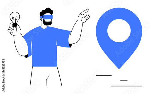 Man holding lightbulb symbolizing an idea while pointing at a location pin, representing navigation. Ideal for creativity, innovation, location services, ideas, entrepreneurship, decision-making