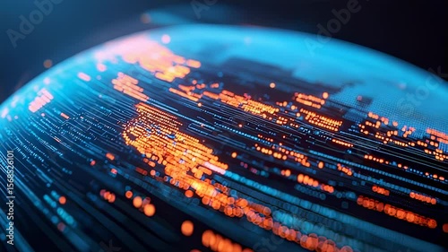 Abstract globe with glowing data streams in blue and orange, futuristic tech concept