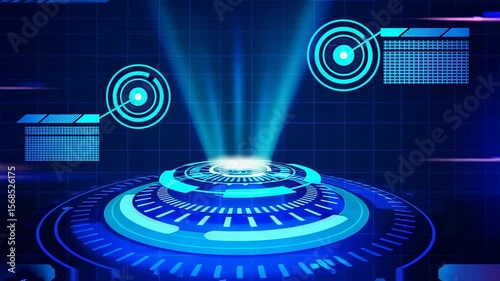 Futuristic technology interface with glowing platform and HUD elements