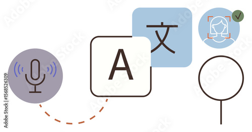 Microphone, alphabet, character tile, magnifying glass, facial ID, and check mark. Ideal for language, translation recognition accessibility voice technology text analysis digital tools. Simple