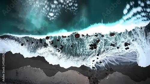 Aerial view of waves crashing on a rocky beach with dark sand and teal water, creating a dramatic seascape