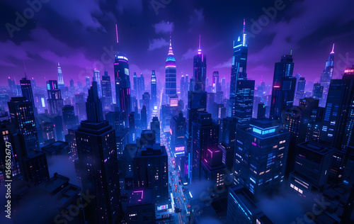 Nighttime urban cityscape with blue neon matrix patterns