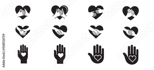 Hands forming heart shapes and open palms with hearts love care