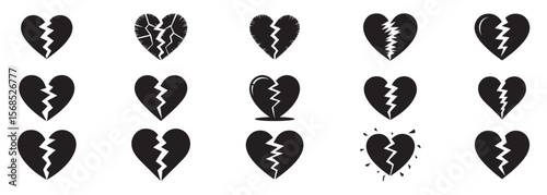 Broken heart icons with jagged cracks cracked symbol