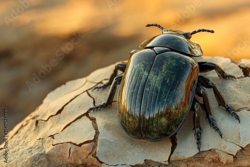 A shiny dark beetle perched atop cracked, sun-baked earth, with a blurred, golden background adding depth to the scene. photo