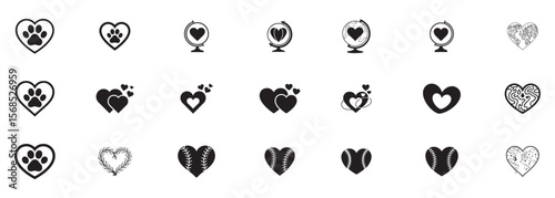 Heart shaped icons with various designs paw print globe