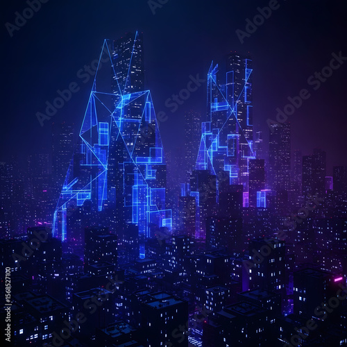 Nighttime urban cityscape with blue neon matrix patterns