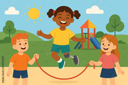 Smiling Child with Prosthetic Leg Jumping Rope with Friends on Playground Vector