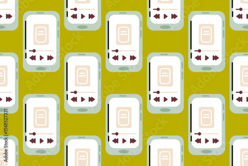 Seamless pattern with e-book readers on olive green background, great for digital reading, education, and tech-related visuals
