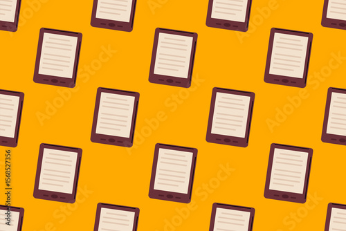 Seamless pattern with digital ebook readers on orange background, great for reading apps, learning tools, and tech-focused designs