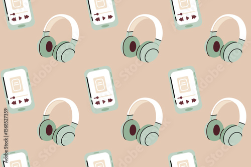 Seamless pattern with audio players and headphones on beige background, perfect for audiobook, podcast, and digital media themes