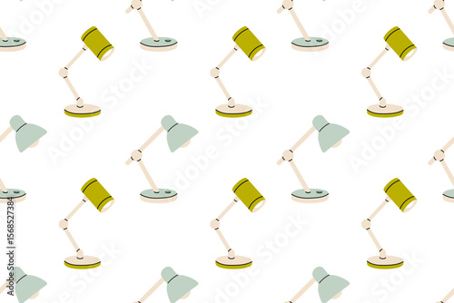 Seamless pattern of green and blue desk lamps on white background, suitable for workspace, reading, and home office visuals