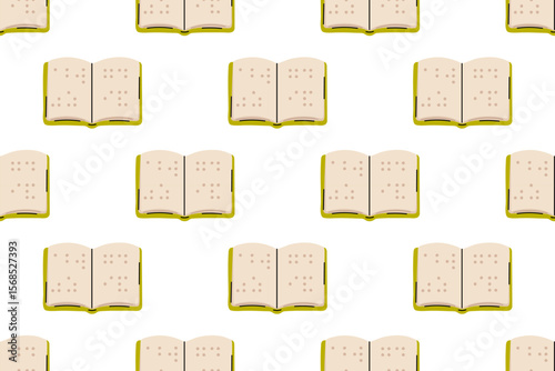 Seamless pattern of open braille books on white background, ideal for accessibility, inclusive education, and visually impaired reading themes