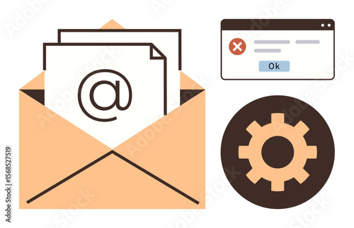 Open envelope with email papers, error notification on browser window, and gear symbol. Ideal for email issues, troubleshooting, system settings, alerts, notifications, digital communication simple