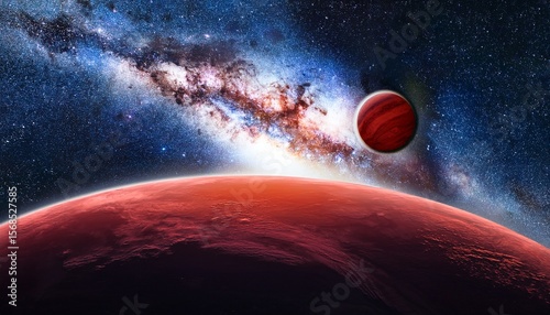 a breathtaking image of deep space featuring a vibrant galaxy stretching across the background and a large red planet situated prominently in the foreground