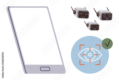 Smartphone alongside smart AI devices and eye recognition target with check mark. Ideal for technology, security, privacy, biometrics, innovation, automation, digital trends. Simple flat metaphor