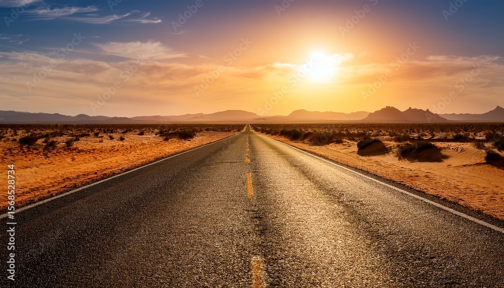 Fototapeta premium endless desert road stretching to the horizon under a vast open sky in golden evening light generative ai