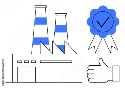 Factory building with smokestacks, a quality certification badge, and a thumbs-up gesture. Ideal for manufacturing, quality assurance, certification, productivity, standards, trust simple landing