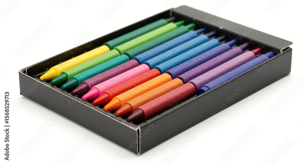 Naklejka premium A collection of colorful wax crayons neatly arranged within a sleek, black rectangular box against a stark white backdrop.