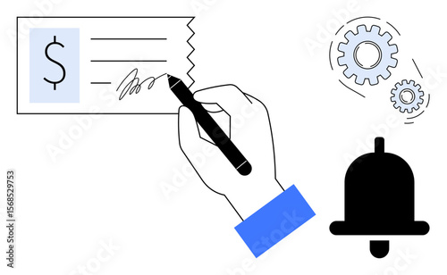 Hand signing check with dollar symbol, alongside gears and notification bell. Ideal for finance, automation, alerts, productivity, business operations, tasks innovative workflows. Simple flat