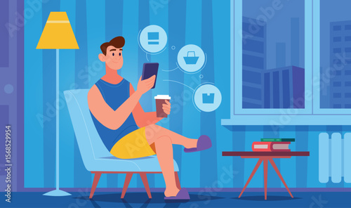 Online shopping. Digital buyers mobile phone app store e-commerce concept exact vector cartoon background