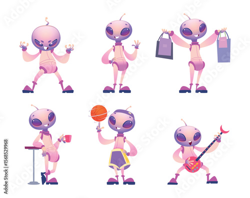 Alien character. Cute mascot in different poses exact vector cartoon alien