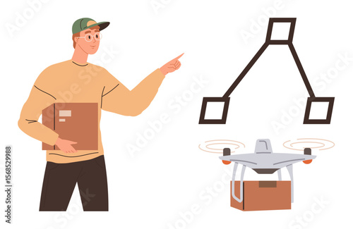 Delivery worker holding package and pointing at drone flight path symbol. Drone carrying a box in transit. Ideal for logistics, automation, innovation, shipping, e-commerce, technology, simple flat