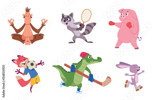 Animals sport. Cartoon characters wild animal doing sport exercises exact vector fitness activities