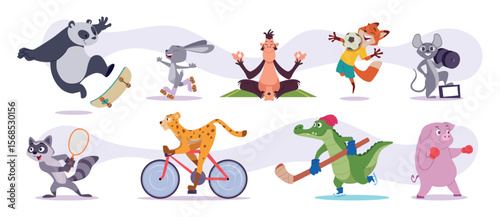Fitness animal. Nowday vector animals in sport activities exact vector illustrations set