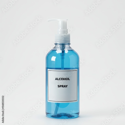 Clear plastic bottle with pump dispenser filled with blue alcohol spray, labeled for disinfecting hands, surfaces, and hygienic cleaning.