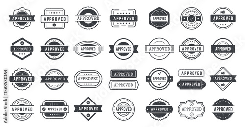 Approved stamp. Grunge textured badges collection for verification acceptance recent vector templates