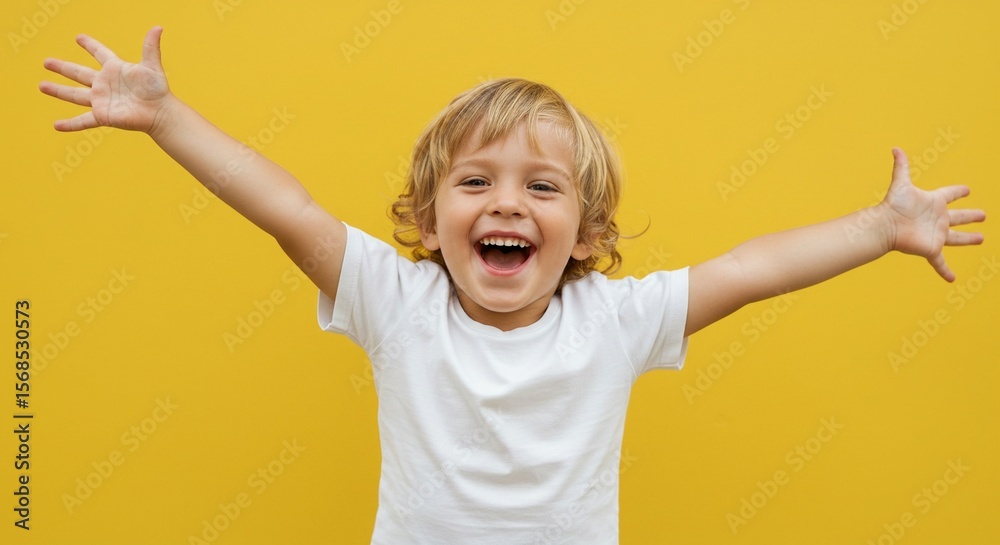 A joyful young boy with blonde hair and a white shirt stands against a yellow backdrop, arms wide open in pure happiness. A joyful young boy with blonde hair and a white shirt stands against a yellow backdrop, arms wide open in pure happiness.