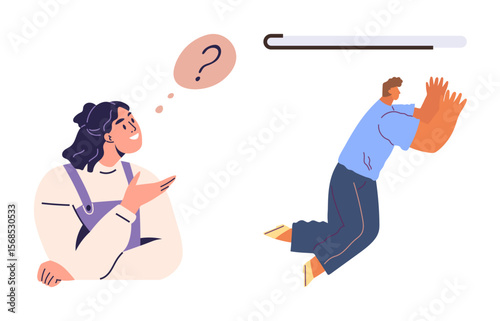 Curious woman thinking with a question bubble. Man leaning on progress bar to recharge energy. Ideal for brainstorming, problem-solving, personal growth, productivity, teamwork, goal-setting, simple