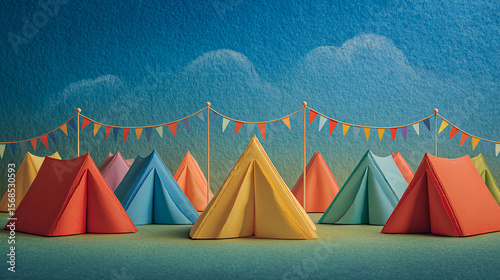 Colorful Campsite with Tents and Festive Flags