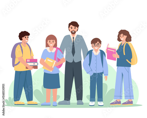 School Teacher and children group with books and bags. Smiling students, teens with schoolmaster. Back to school Vector illustration.