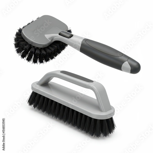 Two ergonomic cleaning brushes with stiff black bristles and gray handles, ideal for scrubbing surfaces, tiles, and household cleaning.