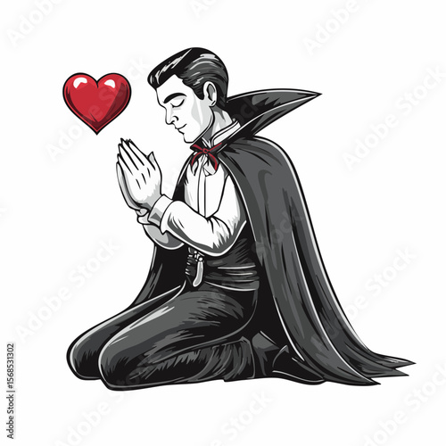 Repentant Vampire Dracula Kneeling in Prayer Seeking Forgiveness with Sincere Heart Vector Illustration